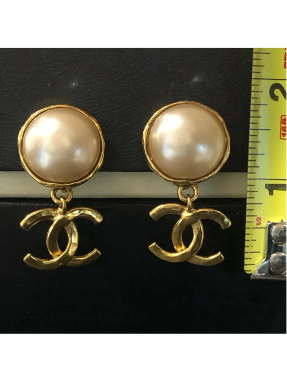 CHANEL Interlinked CC 24k Gold Plated and Cream Mabe Pearl Drop Clip-On Earrings
